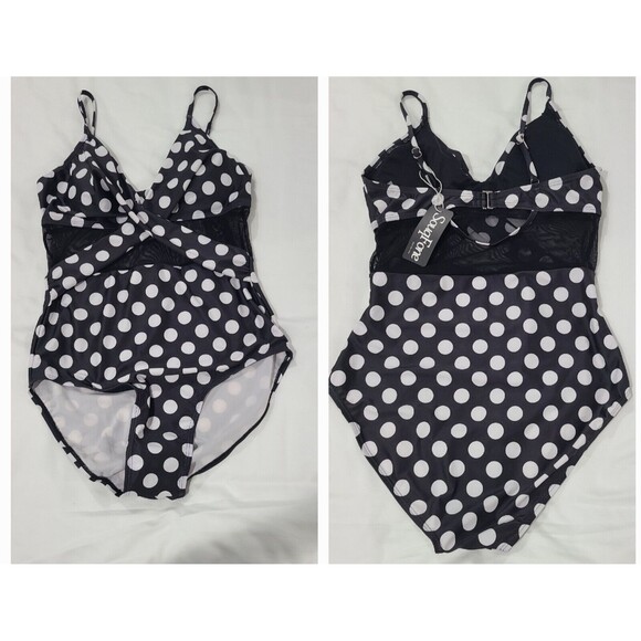 NWT SouqFone Crossover Bandeau Black White Polka Dot Mesh One Piece Size M 8-10 - Picture 1 of 7